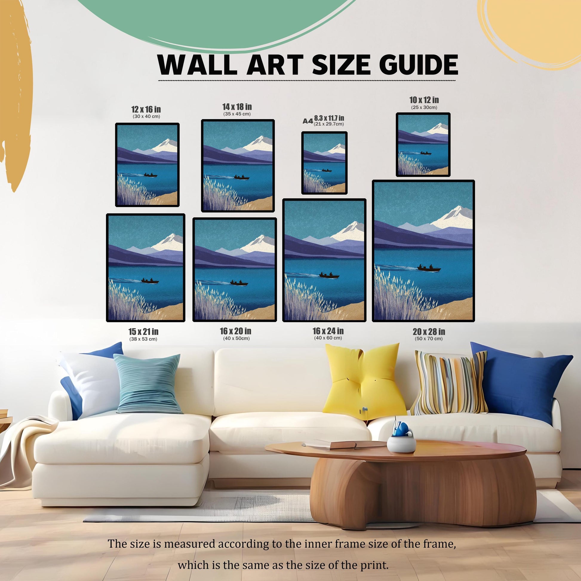 A wall art size guide showing eight different print dimensions (ranging from 10x12 in to 20x28 in) arranged above a modern white sectional sofa to provide a visual scale for customers.