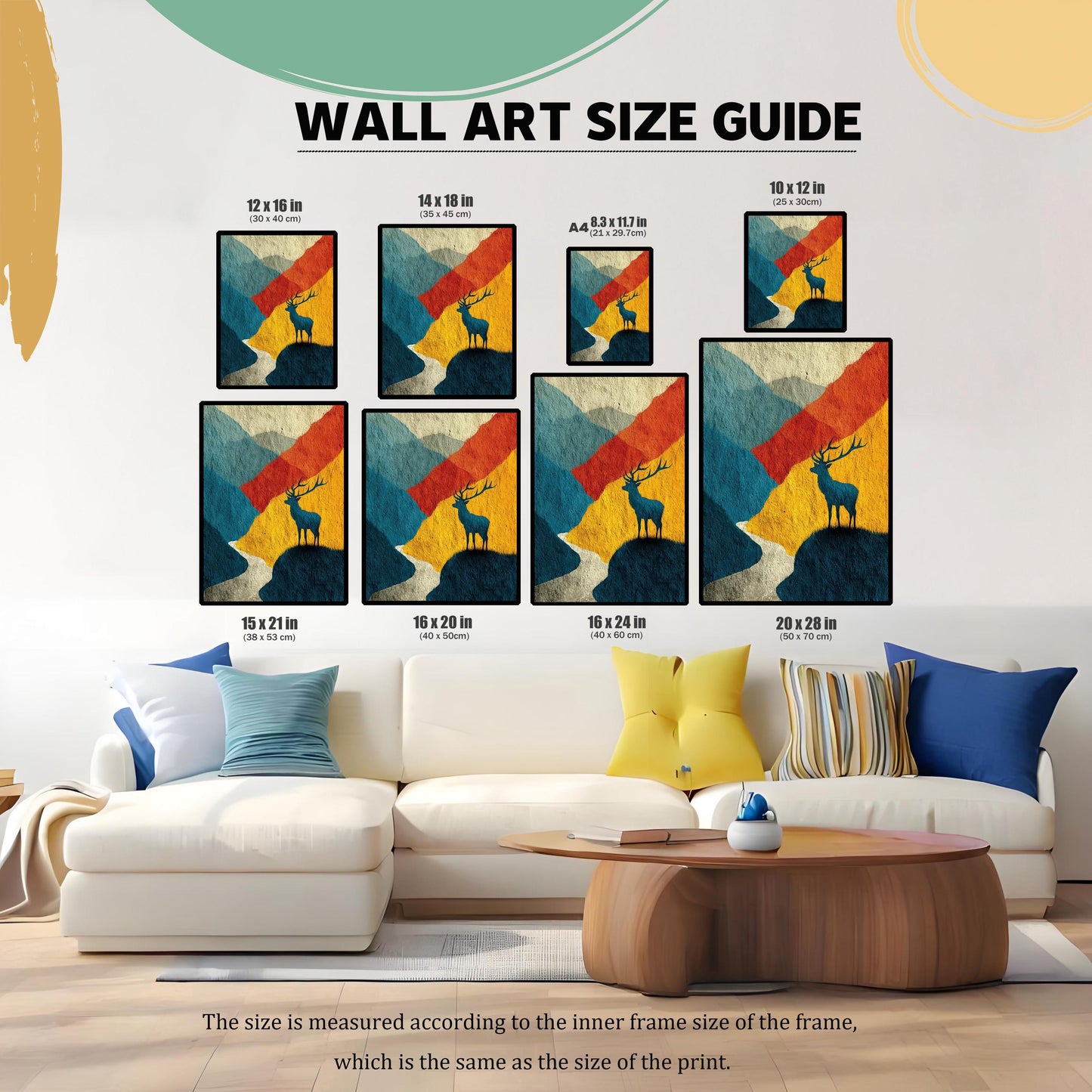 A wall art size guide showing eight different print dimensions (ranging from 10x12 inches to 20x28 inches) arranged above a modern white sectional sofa to provide scale.