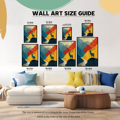 A wall art size guide showing eight different print dimensions (ranging from 10x12 inches to 20x28 inches) arranged above a modern white sectional sofa to provide scale.