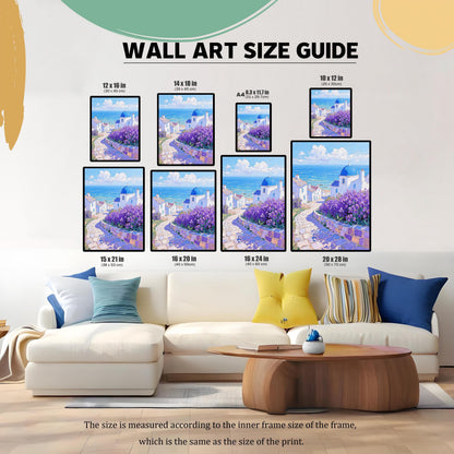 A "WALL ART SIZE GUIDE" shows multiple sizes of the art print arranged in a grid above a couch, with dimensions in both inches and centimeters.