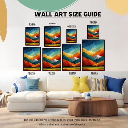 Wall Art Size Guide showing eight different print dimensions, from 10x12 inches to 20x28 inches, scaled above a modern white sofa.