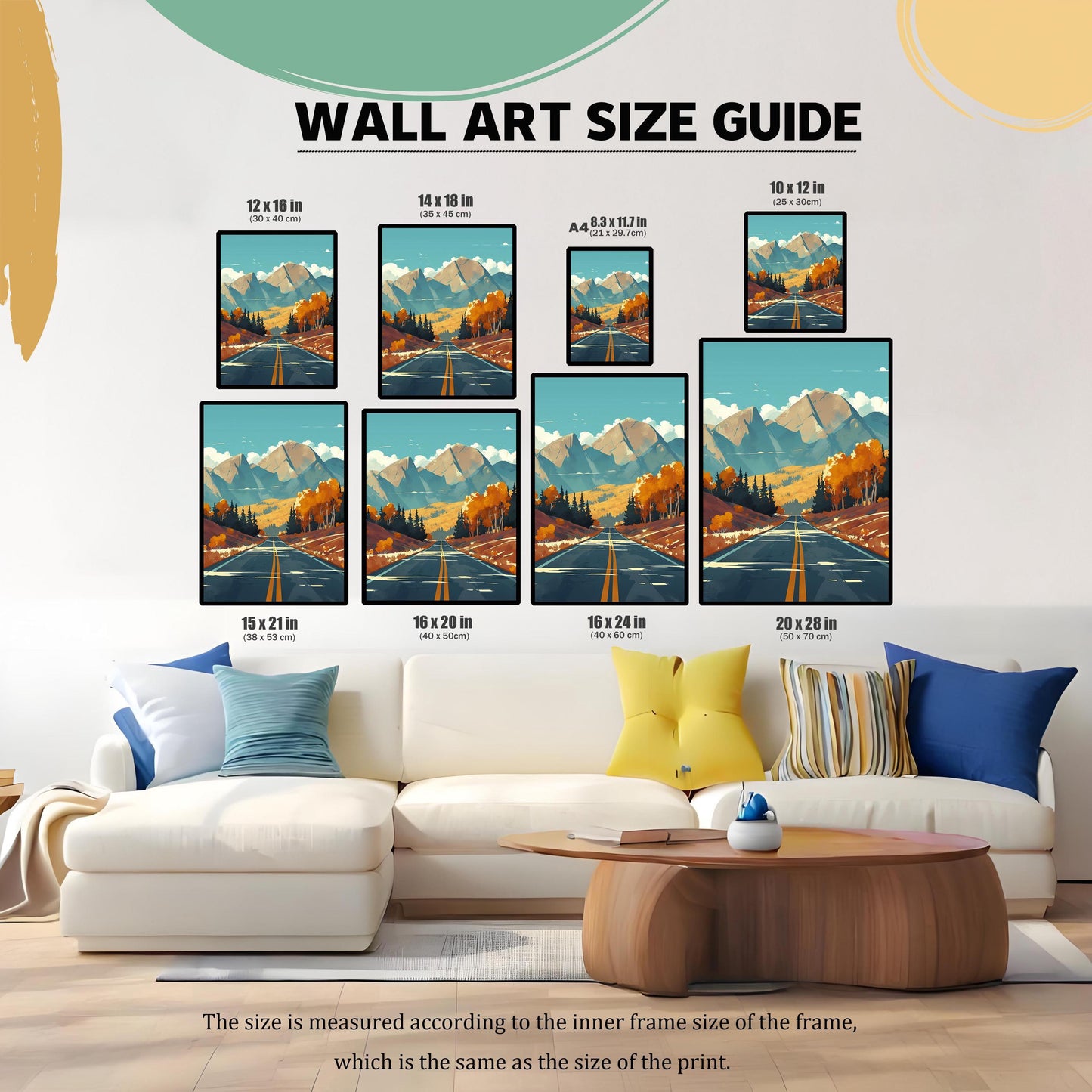 Wall art size guide infographic showing various print dimensions from 10x12 inches to 20x28 inches displayed above a modern white sofa.