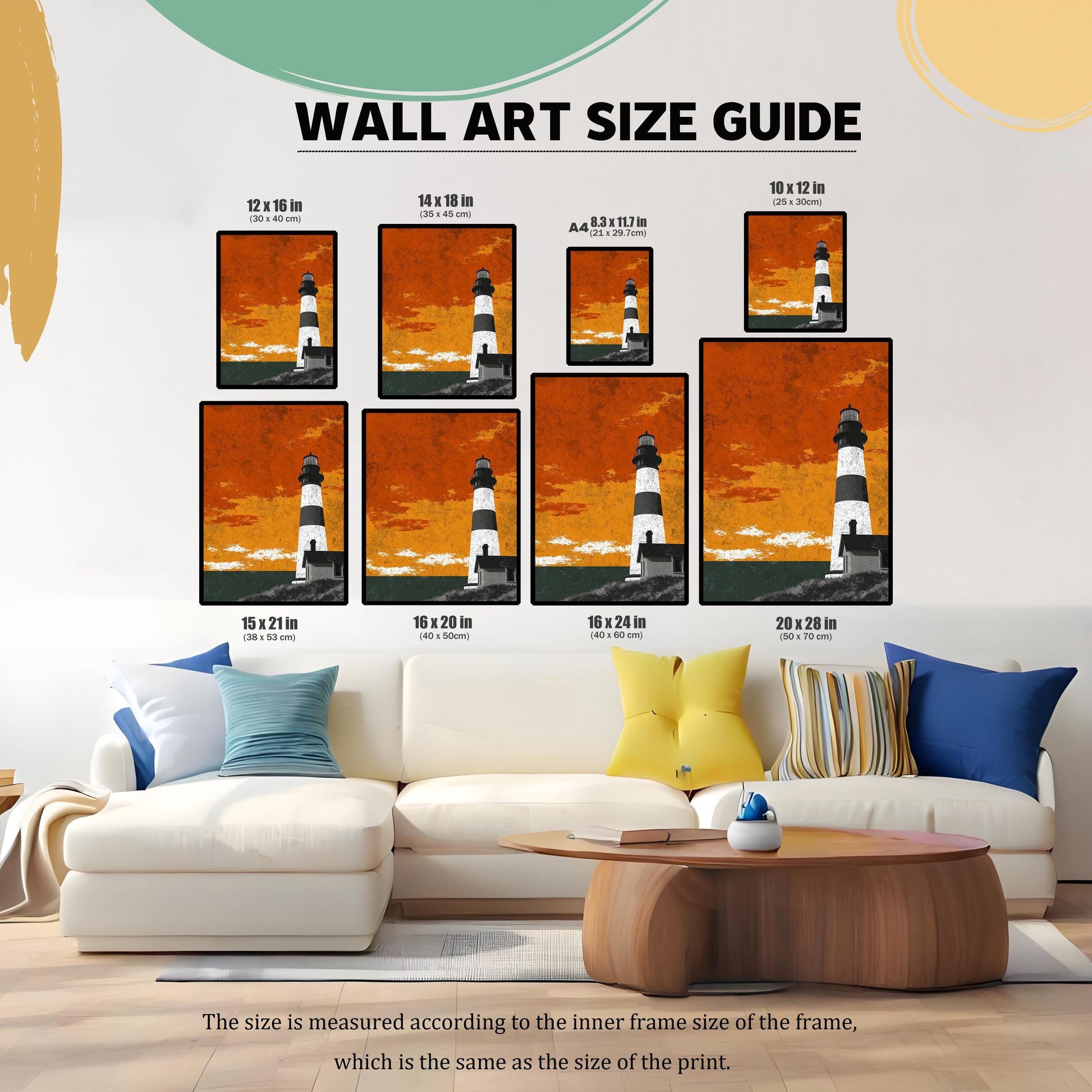 Wall art size guide showing eight different lighthouse print dimensions ranging from 10x12 inches to 20x28 inches displayed above a white modern sofa.