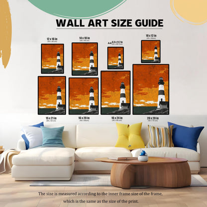 Wall art size guide showing eight different lighthouse print dimensions ranging from 10x12 inches to 20x28 inches displayed above a white modern sofa.