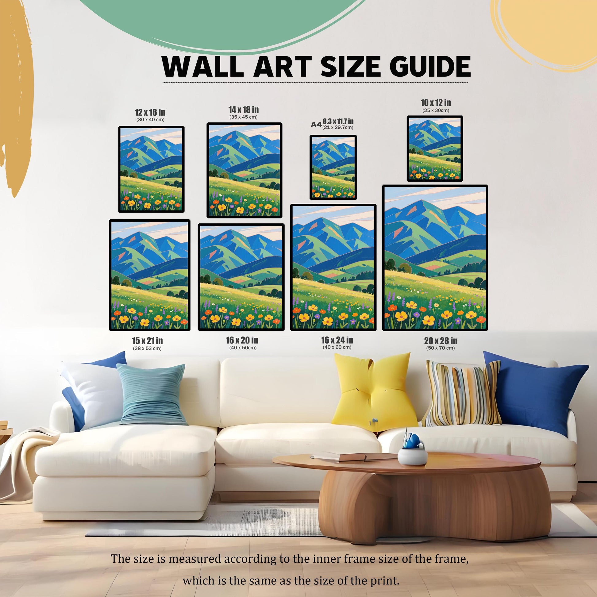 An illustration showing various sizes of a framed painting displayed on a wall above a white couch. The size options are listed above each image.