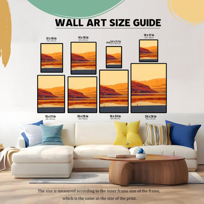 Wall art size guide showing various print dimensions from 10x12 in to 20x28 in hanging above a modern white sofa with blue and yellow pillows.