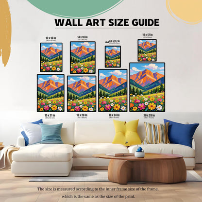 A visual size guide shows various sizes of a mountain landscape art print, with measurements in inches and centimeters, arranged on a wall above a couch.