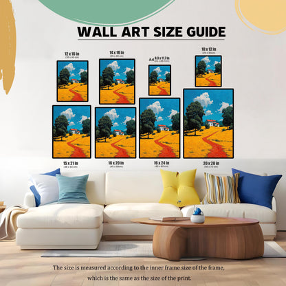A size guide for wall art, showing the same painting in various dimensions, framed and arranged above a white couch. Sizes listed include 12x16, 14x18, 8.3x11.7 (A4), 10x12, 15x21, 16x20, 16x24, and 20x28 inches.