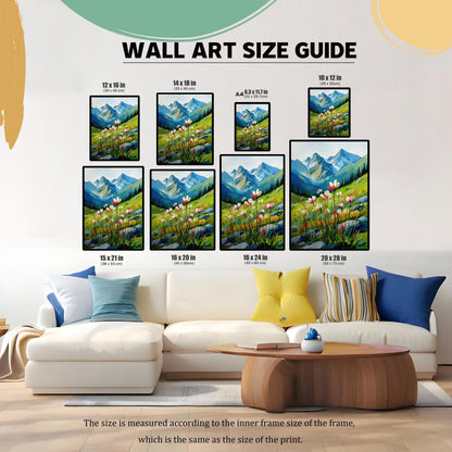 A size guide for wall art, showing the same painting in various dimensions, framed and arranged above a white couch. Sizes listed include 12x16, 14x18, 8.3x11.7 (A4), 10x12, 15x21, 16x20, 16x24, and 20x28 inches.