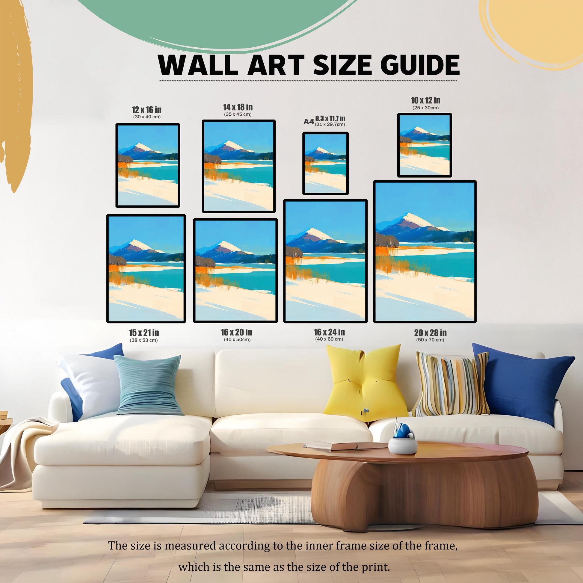 A wall art size guide showing various dimensions (ranging from 10x12 inches to 20x28 inches) displayed to scale above a modern white sectional sofa.