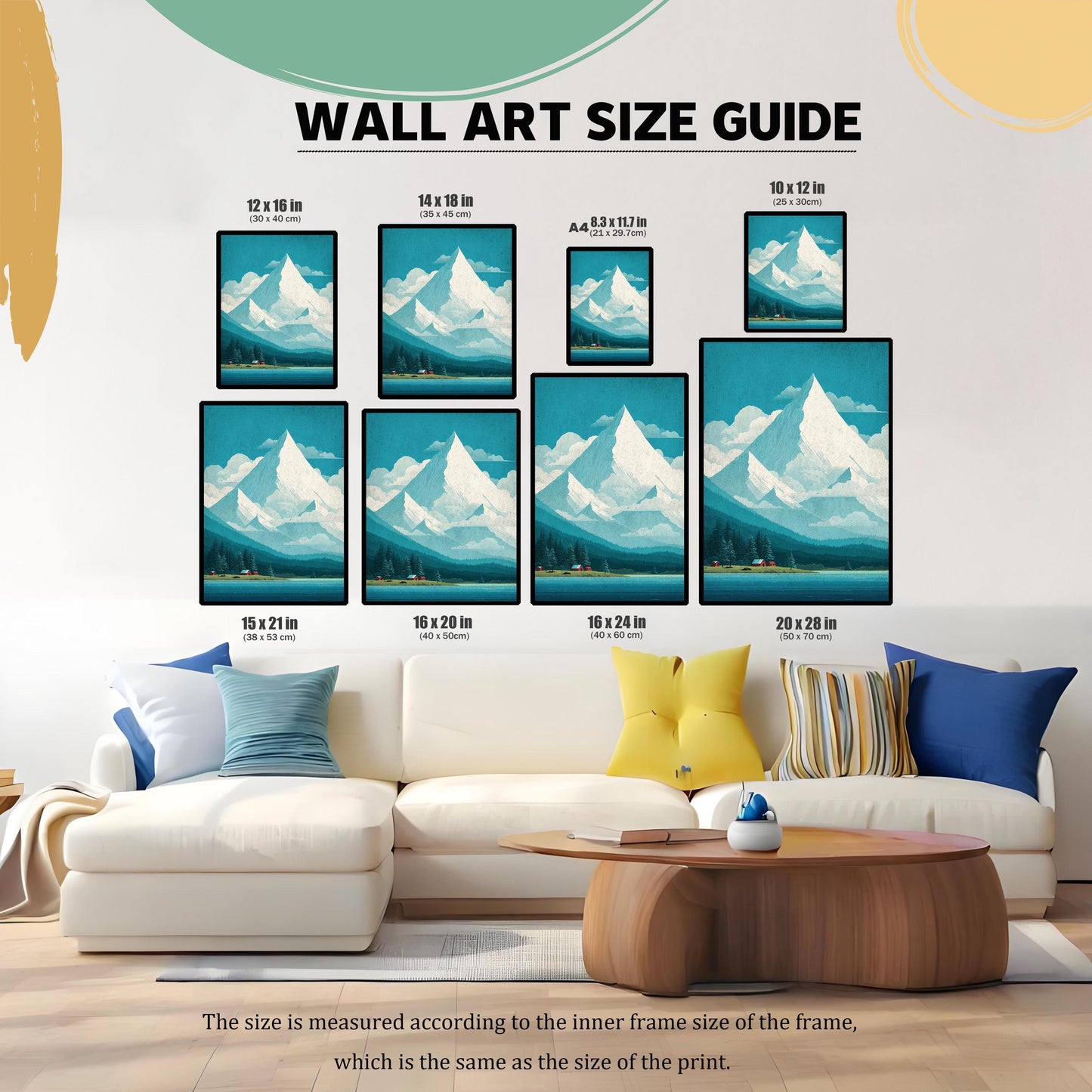 Wall art size guide showing various dimensions from  to  arranged above a modern white sectional sofa for scale.