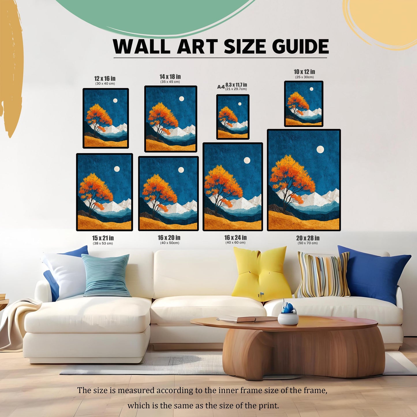 A comprehensive wall art size guide showing various dimensions from 10x12 inches to 20x28 inches displayed over a white sofa to provide a sense of scale.