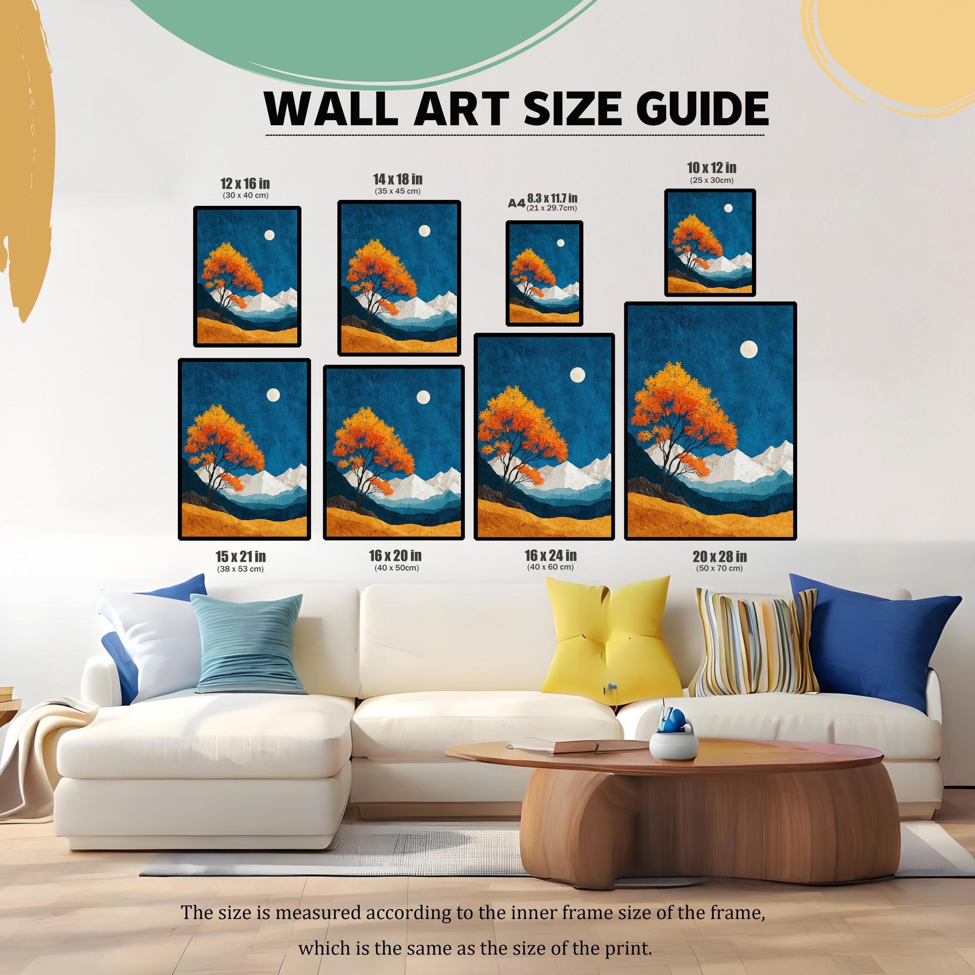 A comprehensive wall art size guide showing various dimensions from 10x12 inches to 20x28 inches displayed over a white sofa to provide a sense of scale.