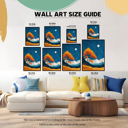 A comprehensive wall art size guide showing various dimensions from 10x12 inches to 20x28 inches displayed over a white sofa to provide a sense of scale.
