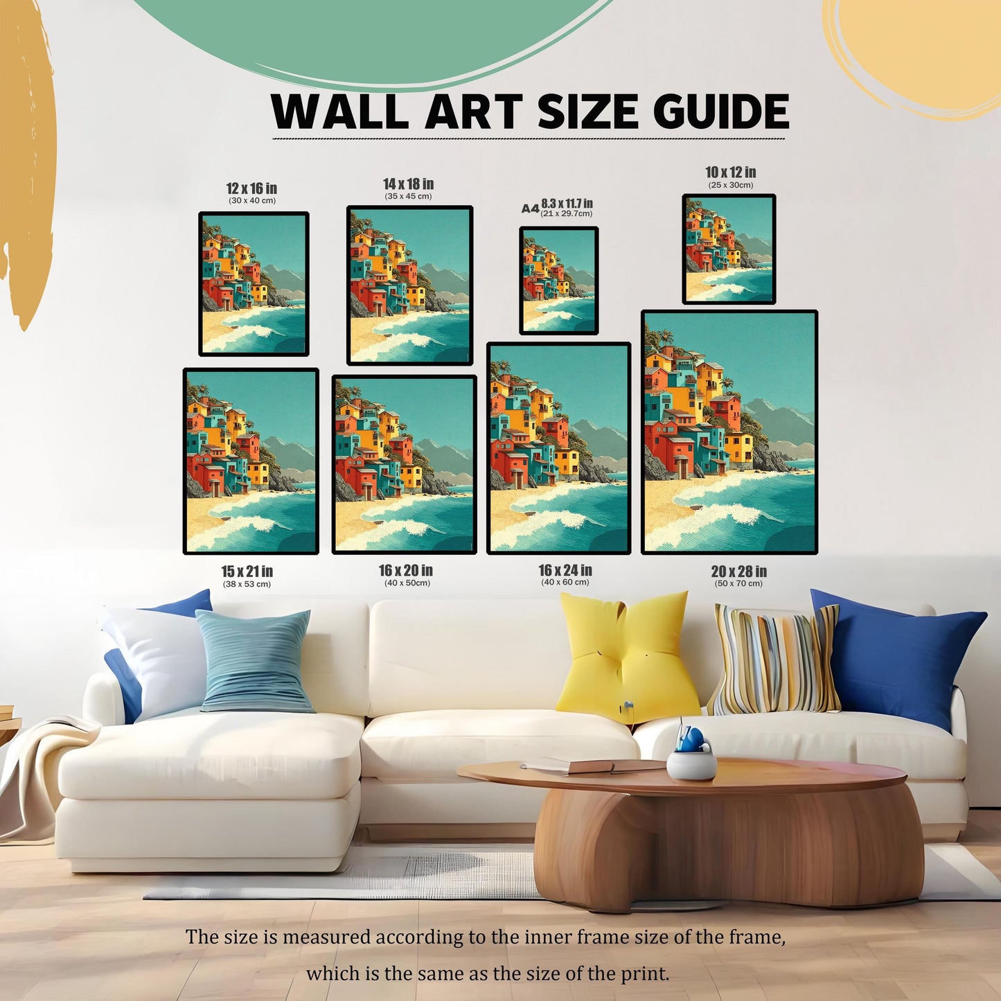 A size guide shows a variety of framed art prints placed above a white couch. The prints are in different sizes and orientations, demonstrating how they would look as wall art.