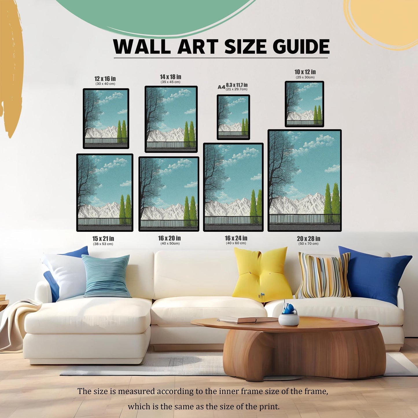 A wall art size guide graphic showing eight different print dimensions, from 10x12 inches to 20x28 inches, displayed above a modern white sectional sofa in a living room.