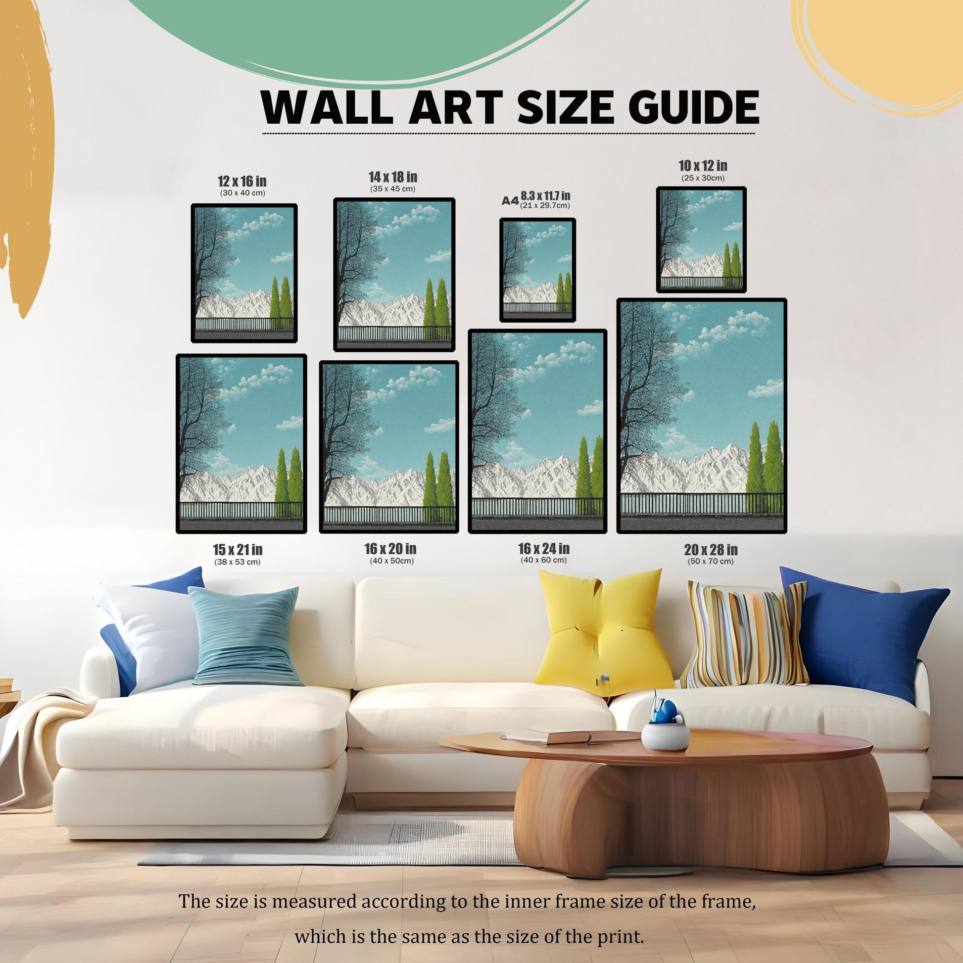 A wall art size guide graphic showing eight different print dimensions, from 10x12 inches to 20x28 inches, displayed above a modern white sectional sofa in a living room.