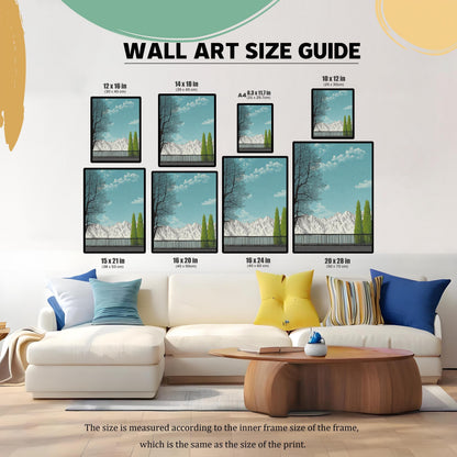 A wall art size guide graphic showing eight different print dimensions, from 10x12 inches to 20x28 inches, displayed above a modern white sectional sofa in a living room.