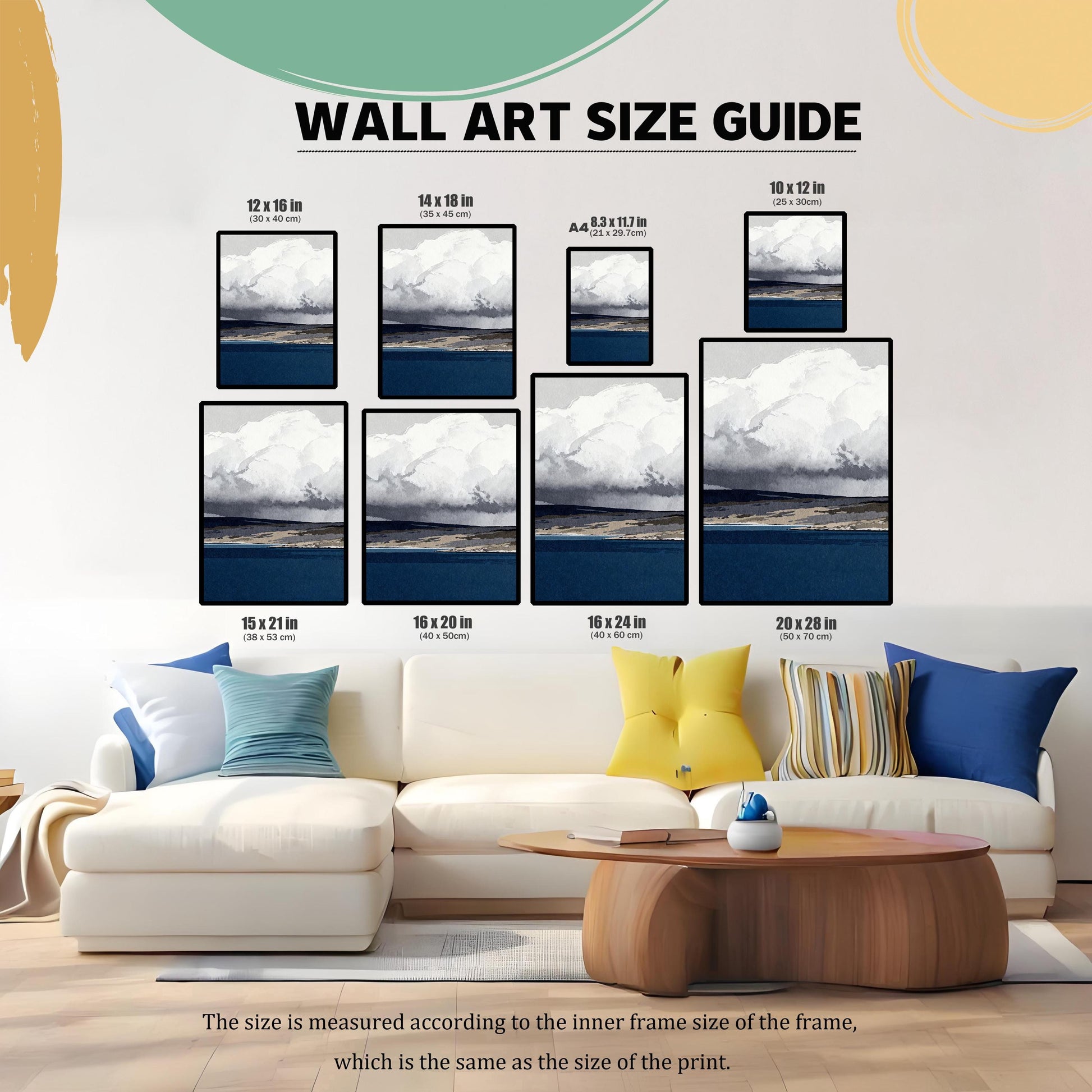 A wall art size guide graphic showing the abstract print in various dimensions—from 10x12 inches to 20x28 inches—arranged above a modern white sectional sofa.