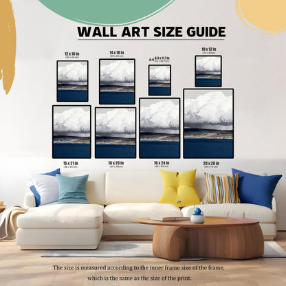 A wall art size guide graphic showing the abstract print in various dimensions—from 10x12 inches to 20x28 inches—arranged above a modern white sectional sofa.