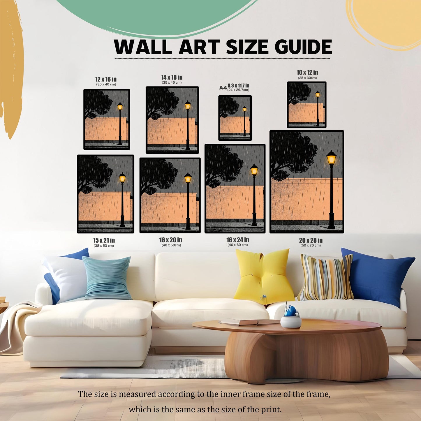 Wall art size guide infographic showing the art print in various dimensions—ranging from 10x12 inches to 20x28 inches—displayed at scale above a modern white sectional sofa.