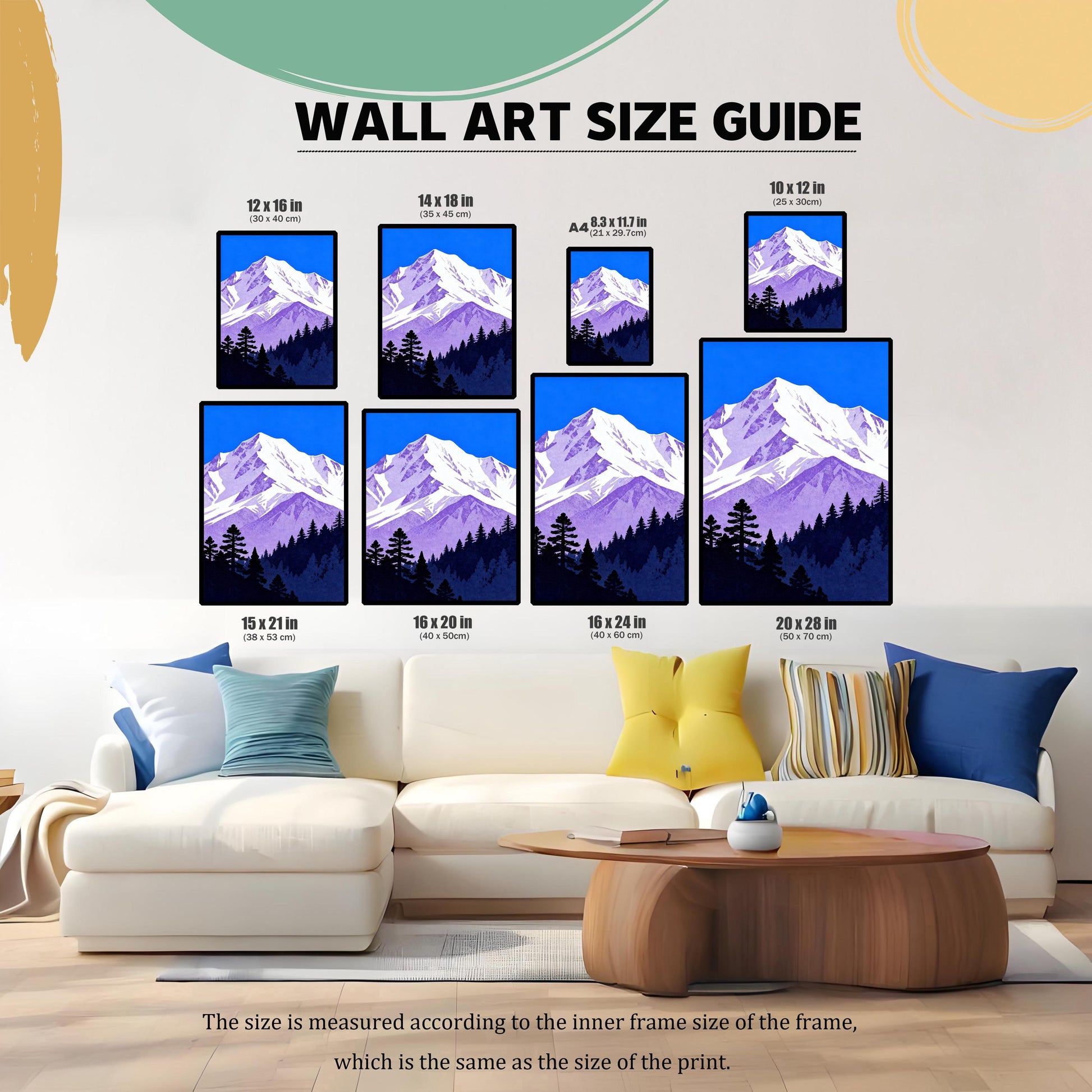 Wall Art Size Guide infographic showing various frame sizes in inches and centimeters (e.g., 12x16 in, 16x20 in, A4) displayed above a large white couch.