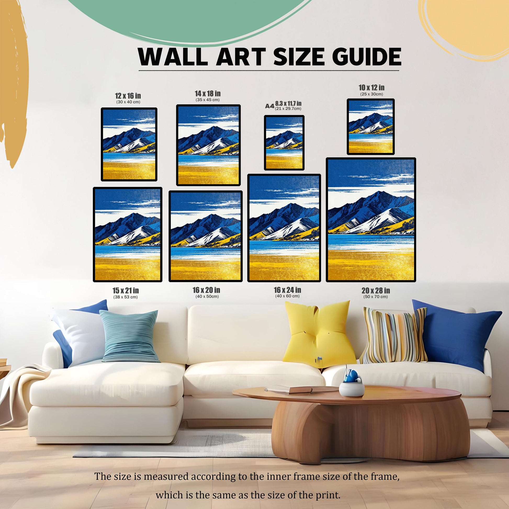 A WALL ART SIZE GUIDE graphic showing various print sizes displayed above a modern sofa. Available sizes include 12 x 16 IN (30 x 40 cm), 14 x 18 IN (35 x 45 cm), A4 (8.3 x 11.7 IN), 10 x 12 IN (25 x 30 cm), 15 x 21 IN (38 x 53 cm), 16 x 20 IN (40 x 50 cm), 16 x 24 IN (40 x 60 cm), and 20 x 28 IN (50 x 70 cm).