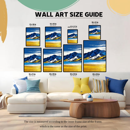 A WALL ART SIZE GUIDE graphic showing various print sizes displayed above a modern sofa. Available sizes include 12 x 16 IN (30 x 40 cm), 14 x 18 IN (35 x 45 cm), A4 (8.3 x 11.7 IN), 10 x 12 IN (25 x 30 cm), 15 x 21 IN (38 x 53 cm), 16 x 20 IN (40 x 50 cm), 16 x 24 IN (40 x 60 cm), and 20 x 28 IN (50 x 70 cm).