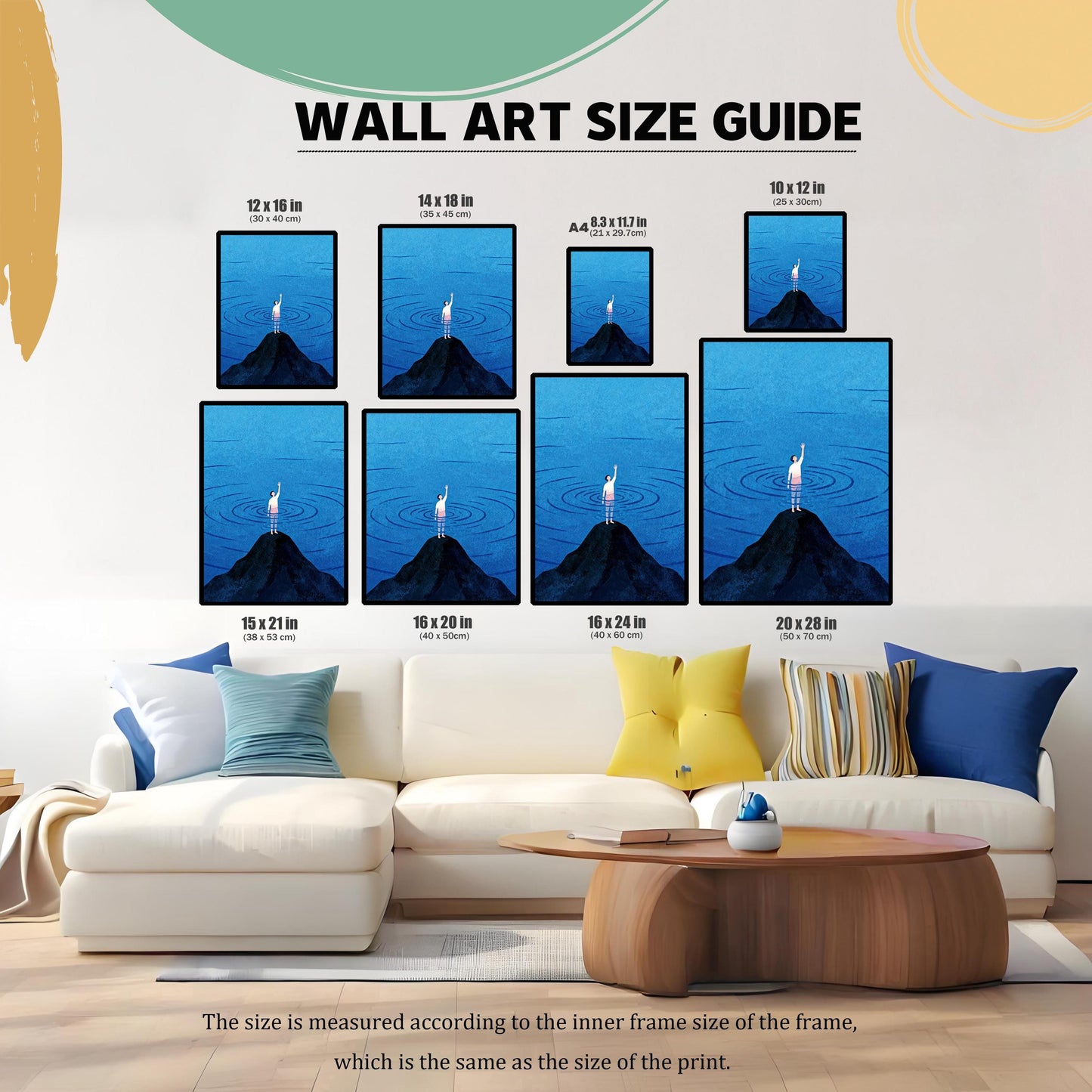 A wall art size guide graphic showing eight different frame dimensions (ranging from 10x12 in to 20x28 in) arranged above a modern white sectional sofa to provide a visual scale for the artwork.