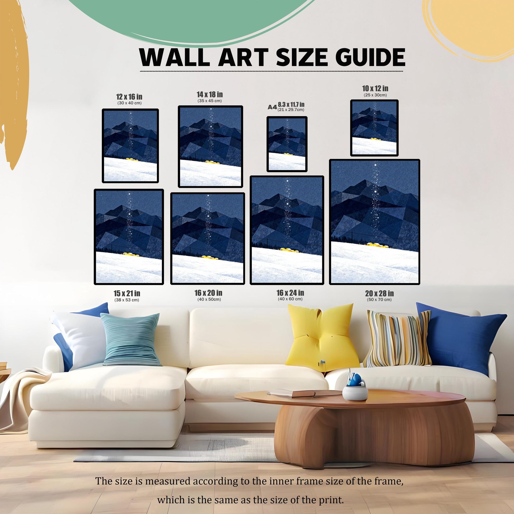 Wall Art Size Guide image showing eight available print sizes (12x16, 14x18, A4, 10x12, 15x21, 16x20, 16x24, 20x28 in) arranged above a large white sofa to show scale.