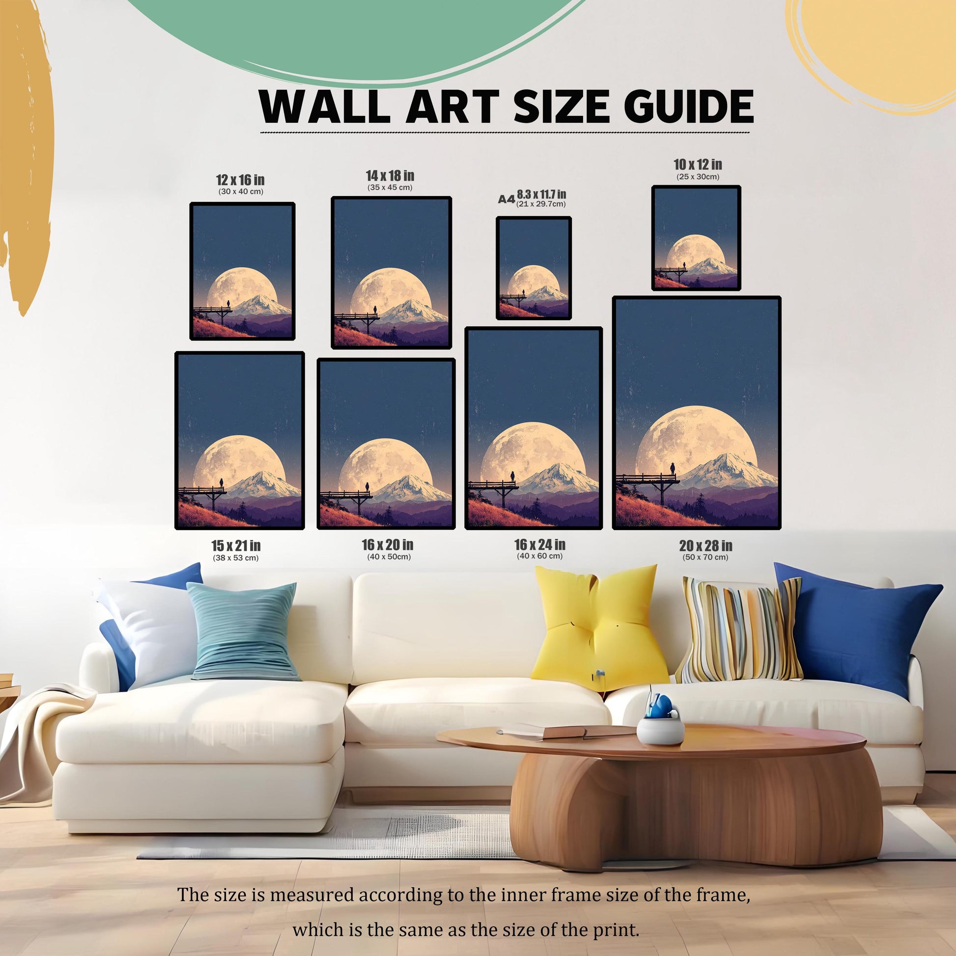 Wall Art Size Guide illustrating eight different frame sizes (12x16, 14x18, A4, 10x12, 15x21, 16x20, 16x24, 20x28 inches/cm) for the moon and mountain art print, displayed above a living room sofa.