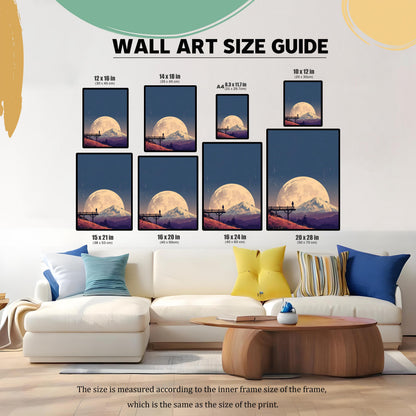Wall Art Size Guide illustrating eight different frame sizes (12x16, 14x18, A4, 10x12, 15x21, 16x20, 16x24, 20x28 inches/cm) for the moon and mountain art print, displayed above a living room sofa.