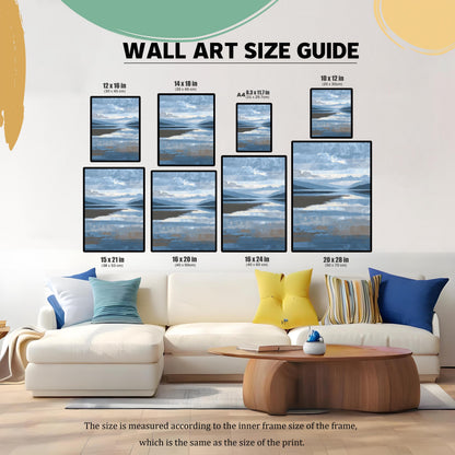 Wall Art Size Guide graphic showing multiple frame sizes (12x16, 14x18, A4, 10x12, 15x21, 16x20, 16x24, 20x28) of the abstract landscape art print displayed above a large white sectional sofa for scale.