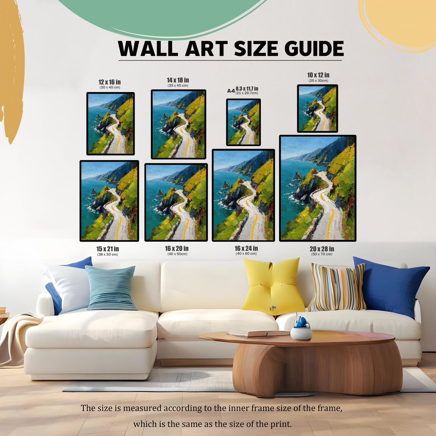 WALL ART SIZE GUIDE. The image displays the coastal road art print in eight different sizes, placed above a couch for scale: 12x16 in, 14x18 in, A4 (8.3x11.7 in), 10x12 in, 15x21 in, 16x20 in, 16x24 in, and 20x28 in.