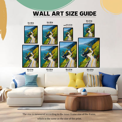 WALL ART SIZE GUIDE. The image displays the coastal road art print in eight different sizes, placed above a couch for scale: 12x16 in, 14x18 in, A4 (8.3x11.7 in), 10x12 in, 15x21 in, 16x20 in, 16x24 in, and 20x28 in.