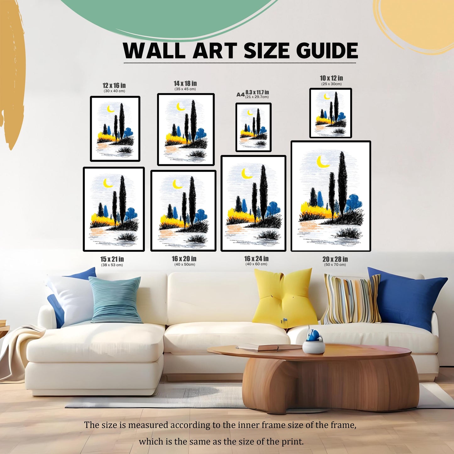 A wall art size guide showing nine different dimensions of a framed abstract landscape print displayed above a white sofa. Sizes include 12x16 in, 14x18 in, A4, 10x12 in, 15x21 in, 16x20 in, 16x24 in, and 20x28 in. The art features black trees, yellow and blue shrubs, and a yellow crescent moon, styled as a crayon drawing.