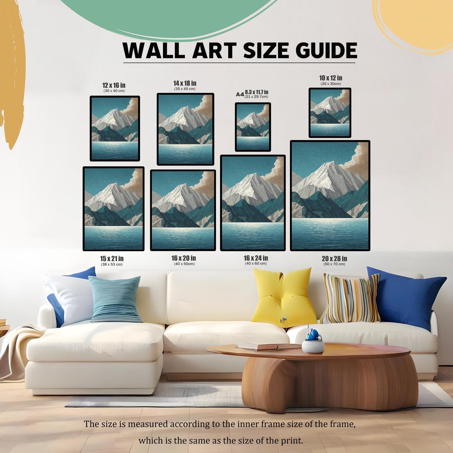 WALL ART SIZE GUIDE. An image showing different print sizes (12x16 in, 14x18 in, A4, 10x12 in, 15x21 in, 16x20 in, 16x24 in, 20x28 in) arranged above a large white sectional sofa to illustrate their scale in a living room setting.