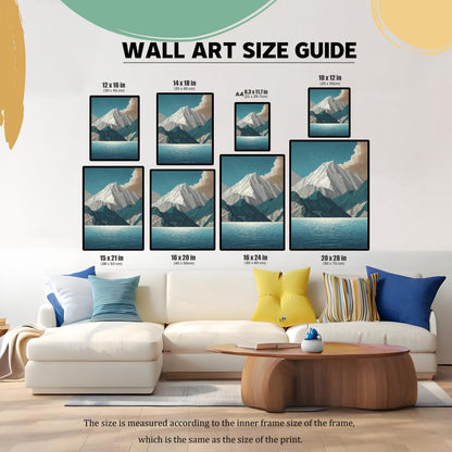 WALL ART SIZE GUIDE. An image showing different print sizes (12x16 in, 14x18 in, A4, 10x12 in, 15x21 in, 16x20 in, 16x24 in, 20x28 in) arranged above a large white sectional sofa to illustrate their scale in a living room setting.