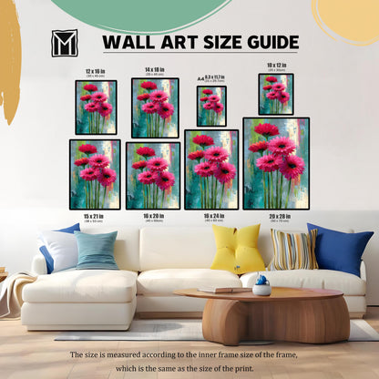 Wall Art Size Guide graphic showing eight different framed sizes of the floral print over a white sofa, including 12×16in, 14×18in, A4, 10×12in, 15×21in, 16×20in, 16×24in, and 20×28in.