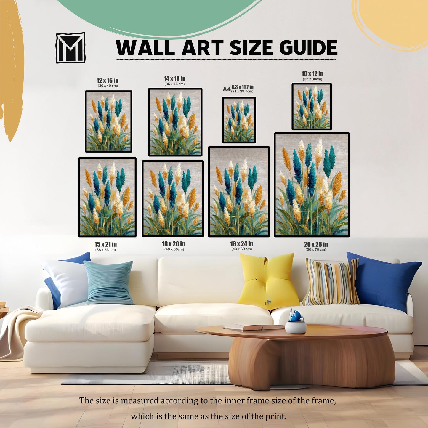 Wall art size guide showing multiple size options (12x16 in, 14x18 in, etc.) featuring the teal and gold coastal grass print, displayed above a large white couch.