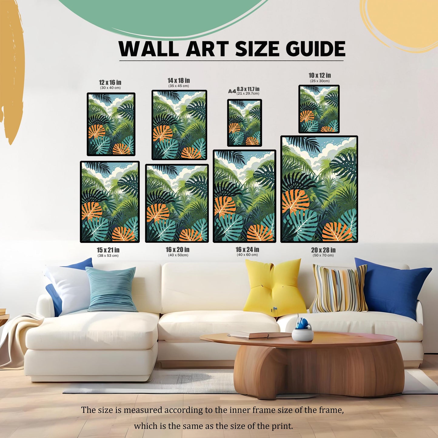 WALL ART SIZE GUIDE. The jungle print is shown in various sizes framed and hung above a white sectional couch to illustrate scale. Sizes listed are: 12x16, 14x18, 8.3x11.7 (A4), 10x12, 15x21, 16x20, 16x24, and 20x28 inches.