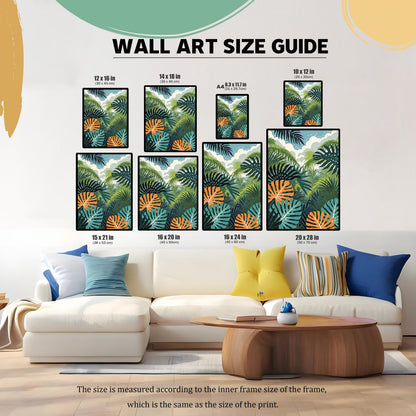 WALL ART SIZE GUIDE. The jungle print is shown in various sizes framed and hung above a white sectional couch to illustrate scale. Sizes listed are: 12x16, 14x18, 8.3x11.7 (A4), 10x12, 15x21, 16x20, 16x24, and 20x28 inches.