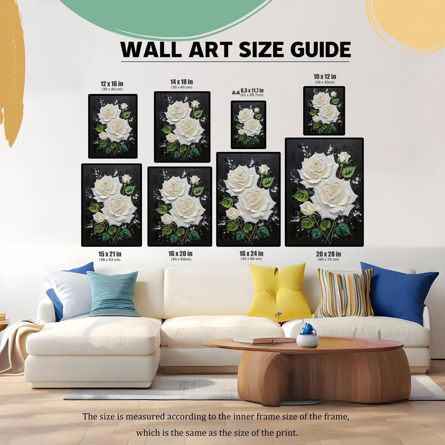 May include: Wall art size guide featuring framed white rose floral art in various sizes, including 12 x 16 inches, 14 x 18 inches, and 20 x 28 inches. The guide shows the dimensions of the art pieces, displayed against a black background.
