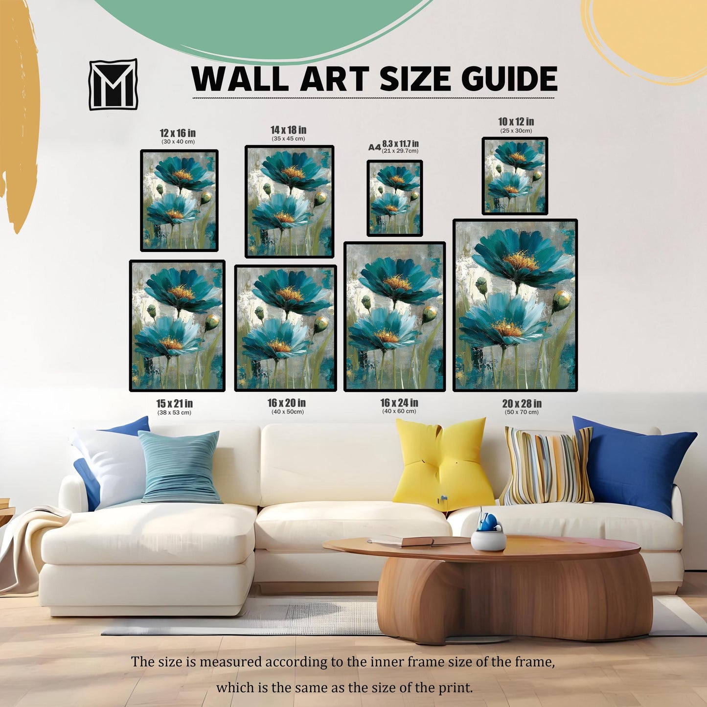 A wall art size guide showing nine different framed prints of an abstract teal and blue floral painting, displayed above a white sofa in a living room. Sizes listed include 12x16 in, 14x18 in, A4 (8.3x11.7 in), 10x12 in, 15x21 in, 16x20 in, 16x24 in, and 20x28 in.