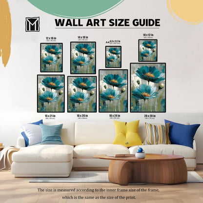 A wall art size guide showing nine different framed prints of an abstract teal and blue floral painting, displayed above a white sofa in a living room. Sizes listed include 12x16 in, 14x18 in, A4 (8.3x11.7 in), 10x12 in, 15x21 in, 16x20 in, 16x24 in, and 20x28 in.