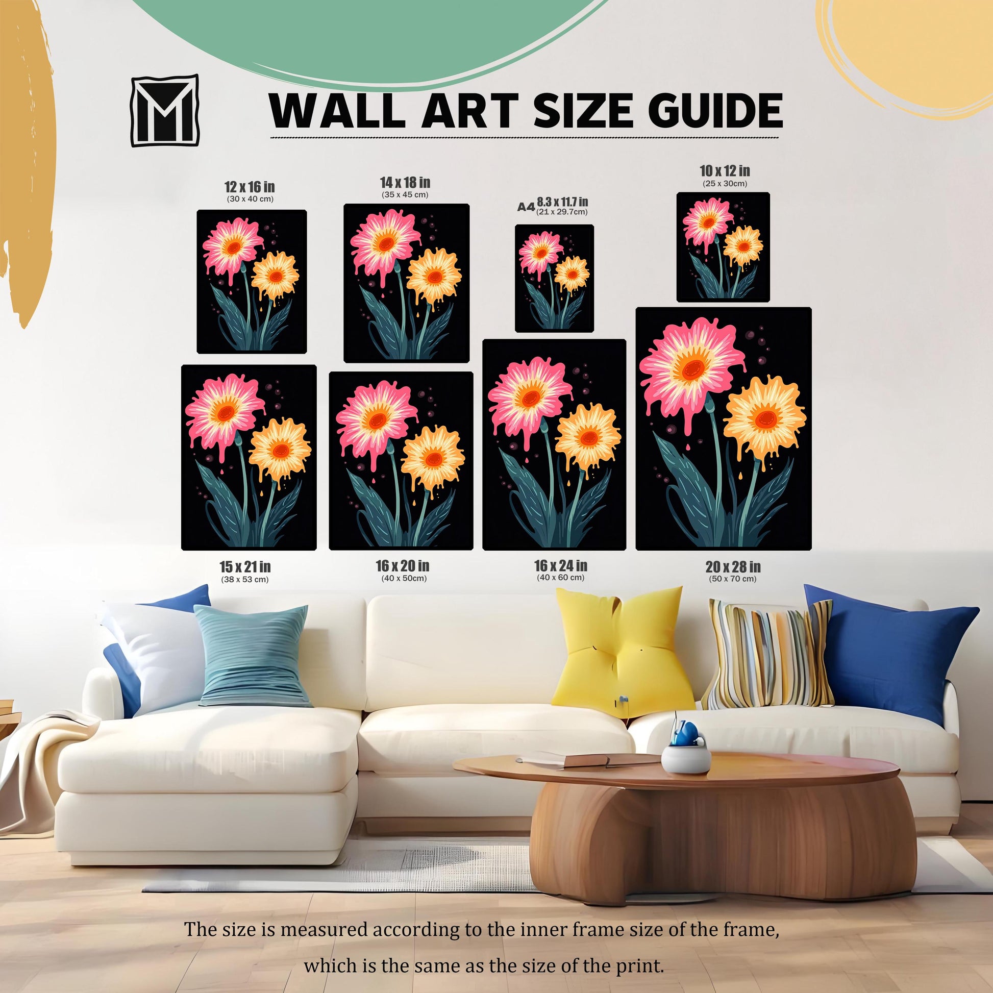 Wall Art Size Guide image showing 9 different poster sizes: 12x16, 14x18, 8.3x11.7 (A4), 10x12, 15x21, 16x20, 16x24, and 20x28 inches. The vibrant floral prints are displayed above a large white sofa.
