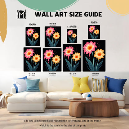 Wall Art Size Guide image showing 9 different poster sizes: 12x16, 14x18, 8.3x11.7 (A4), 10x12, 15x21, 16x20, 16x24, and 20x28 inches. The vibrant floral prints are displayed above a large white sofa.