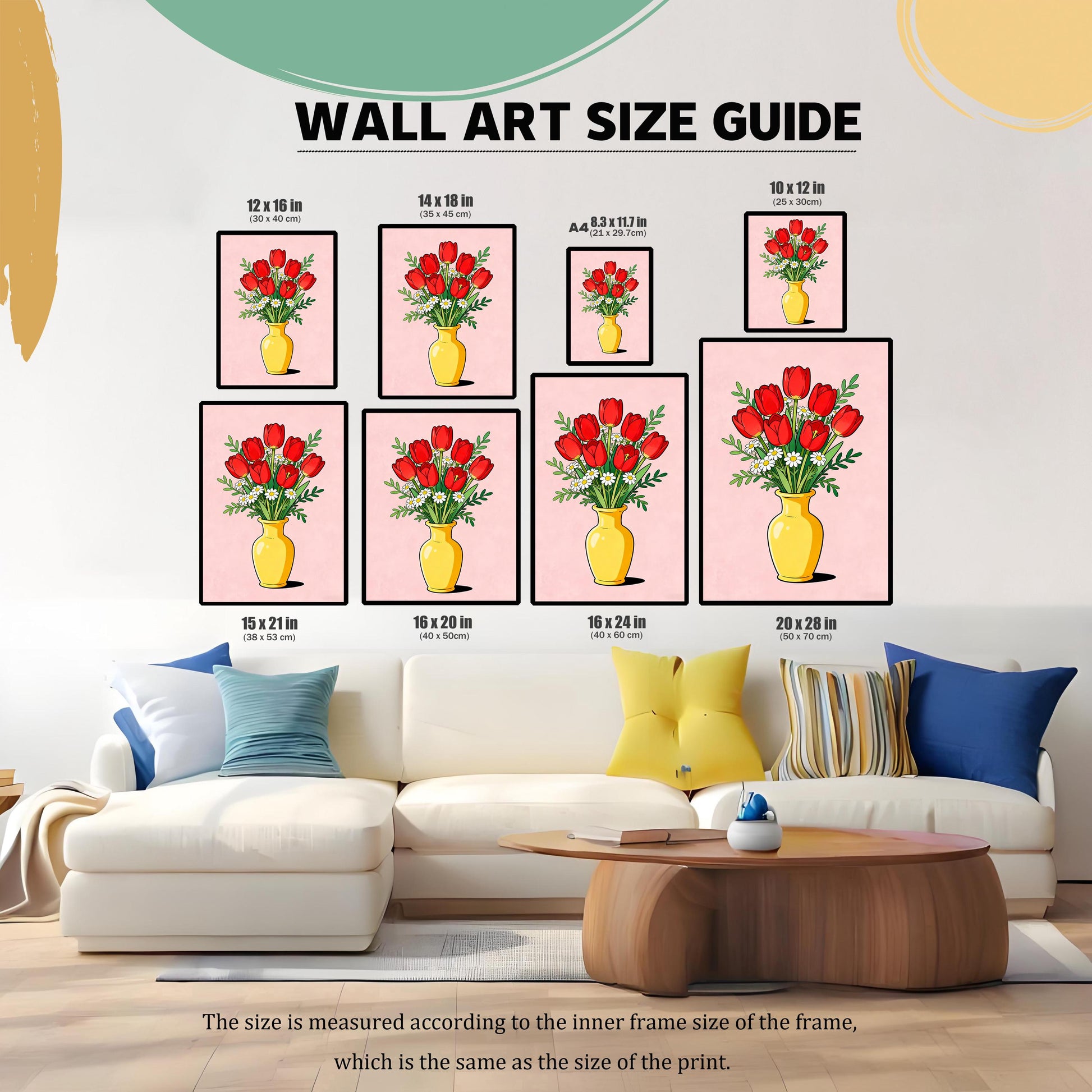 Wall Art Size Guide showing the framed tulip print in various dimensions over a couch: 12x16, 14x18, A4 (8.3x11.7), 10x12, 15x21, 16x20, 16x24, and 20x28 inches (with centimeter equivalents). This image helps illustrate the scale of different sizes in a home setting.