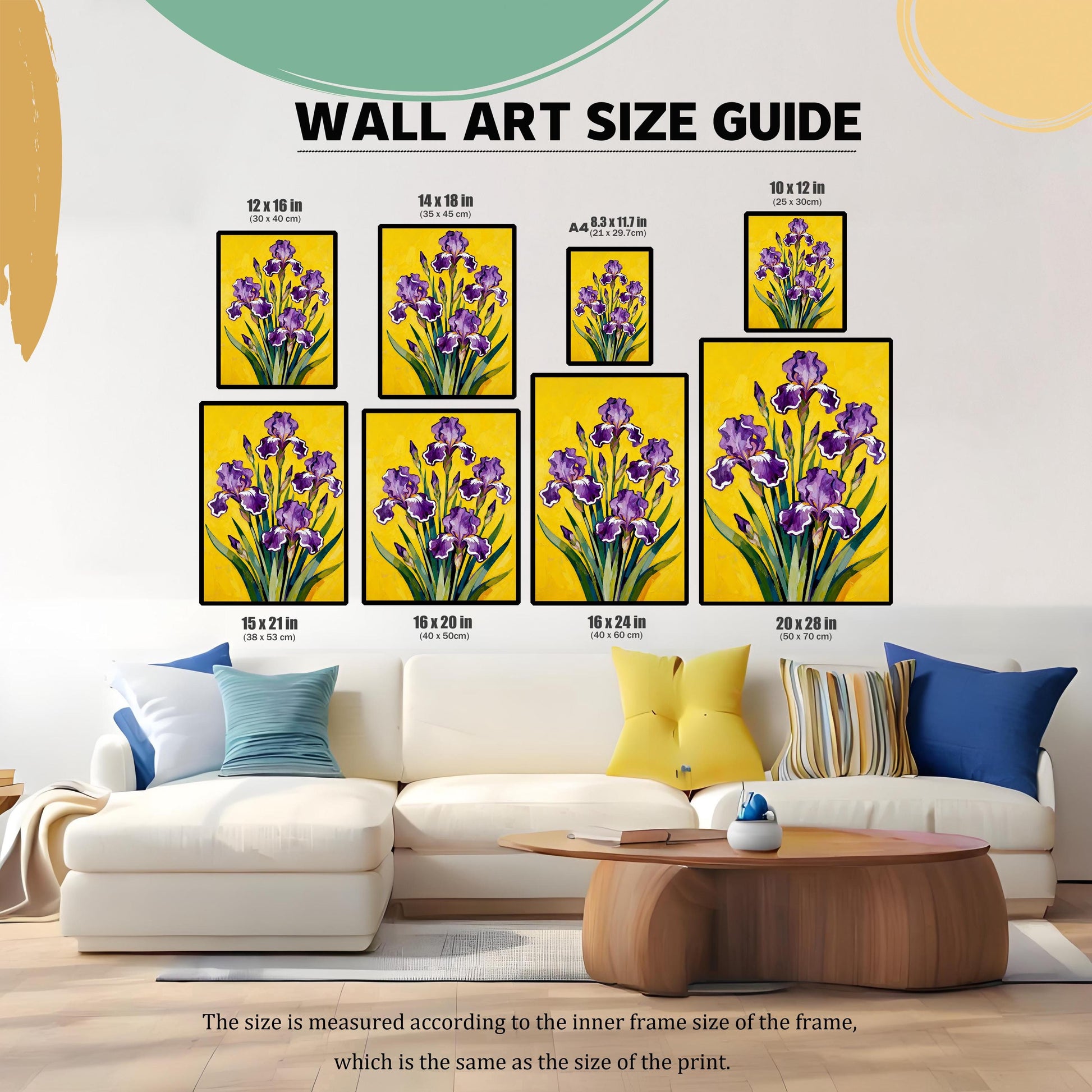 Wall Art Size Guide graphic. The Iris flower artwork is shown in eight different sizes placed above a sofa in a living room, illustrating how the print sizes look in context: 12x16 in, 14x18 in, A4 (8.3x11.7 in), 10x12 in, 15x21 in, 16x20 in, 16x24 in, and 20x28 in.