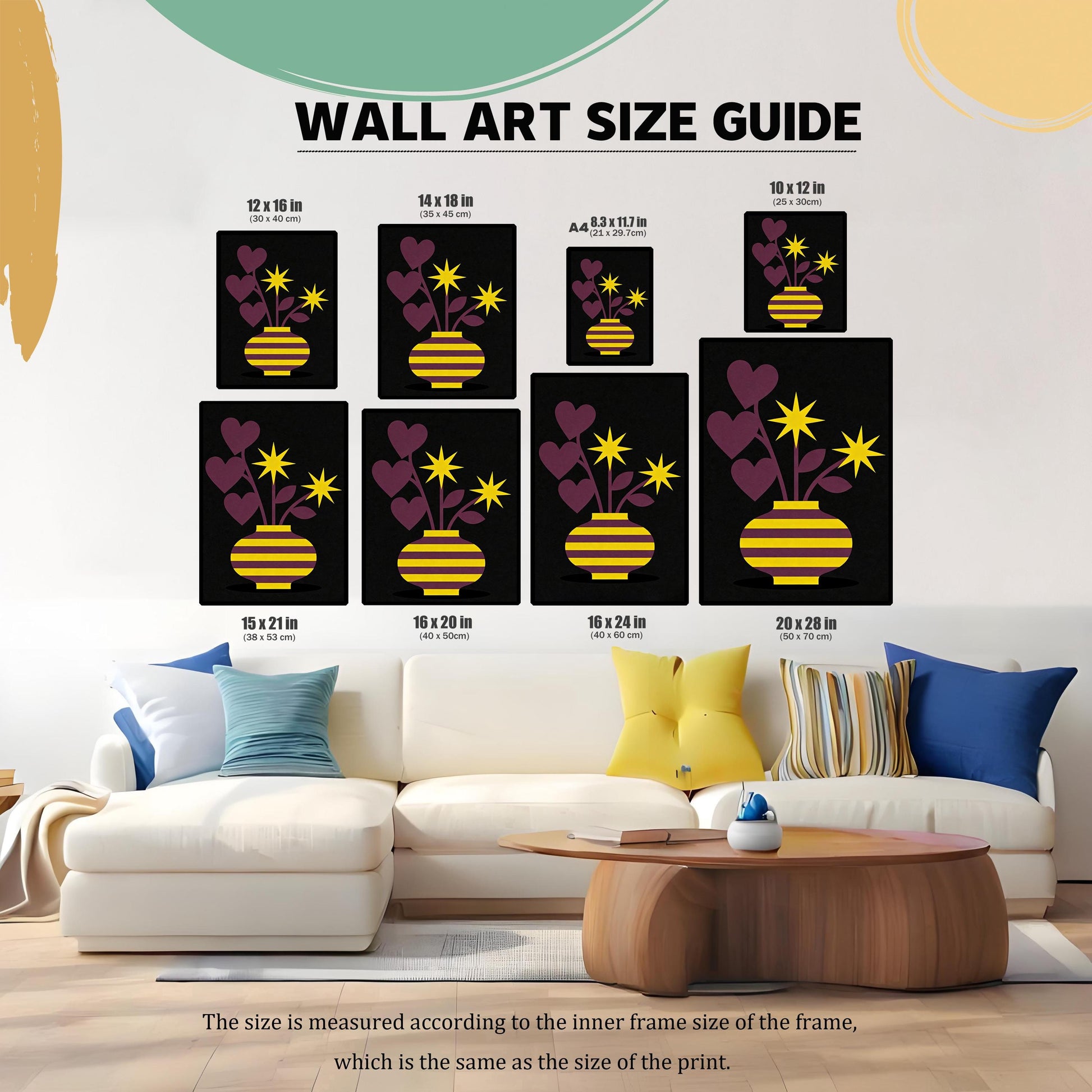 Wall Art Size Guide graphic. The same artwork (striped vase with heart/star flowers) is shown in eight different sizes placed above a sofa in a living room, illustrating how the print sizes look in context: 12x16 in, 14x18 in, A4 (8.3x11.7 in), 10x12 in, 15x21 in, 16x20 in, 16x24 in, and 20x28 in.